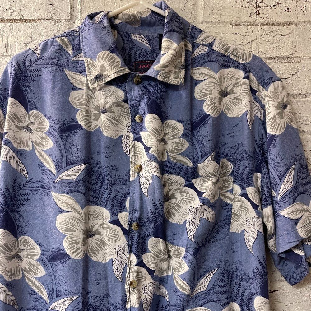 Jack Hollywood Vintage Blue White Hawaiian Resort Button Down Shirt Medium
